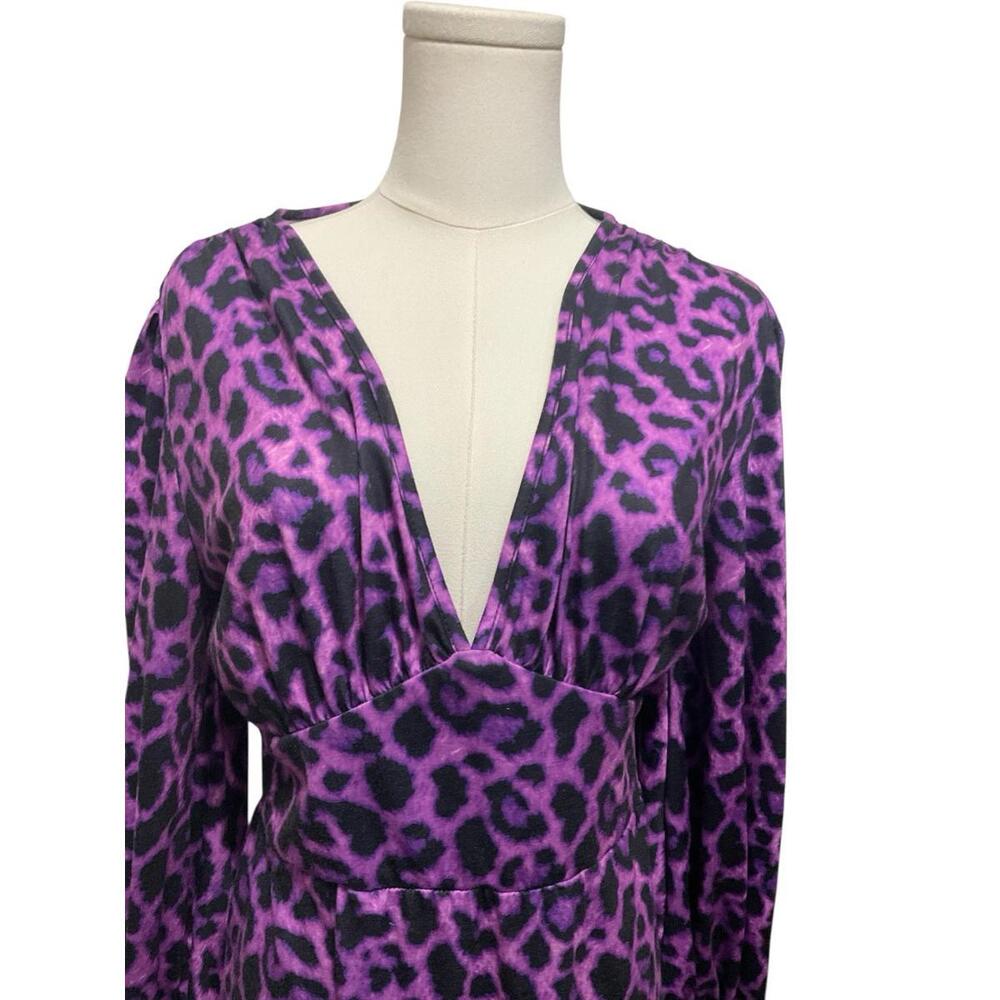 SHEIN Purple Leopard Print Midi Dress Size L Long Sleeve V Neck Preloved A-9 - Picture 3 of 6